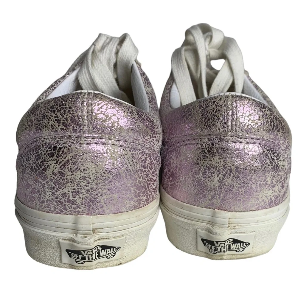 VANS Women 7.5‎ Old Skool Pink Cracked Shimmer Leather Low Lace Up Sneaker Shoes